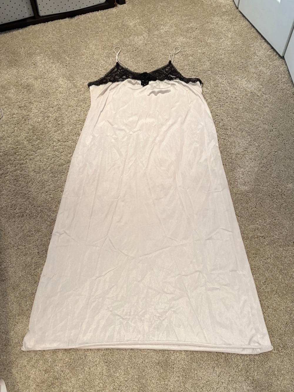Lace-Trim Satin Slip Nightgown - White with Black Lace